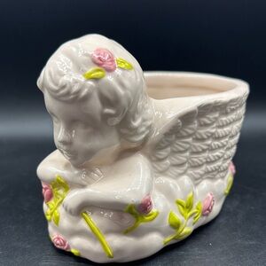Angel Winged Ceramic Planter with Pink and Green Accents